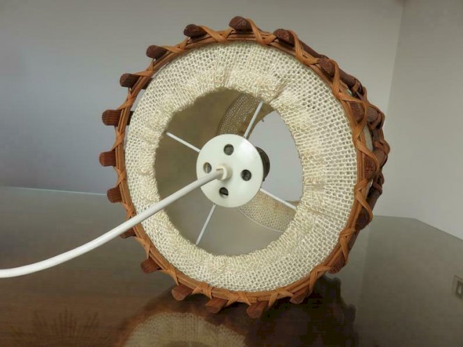SUSPENSION, LUSTRE, LAMPE SCANDINAVE EN TECK ET TISSU ANNEES 60 70 VINTAGE