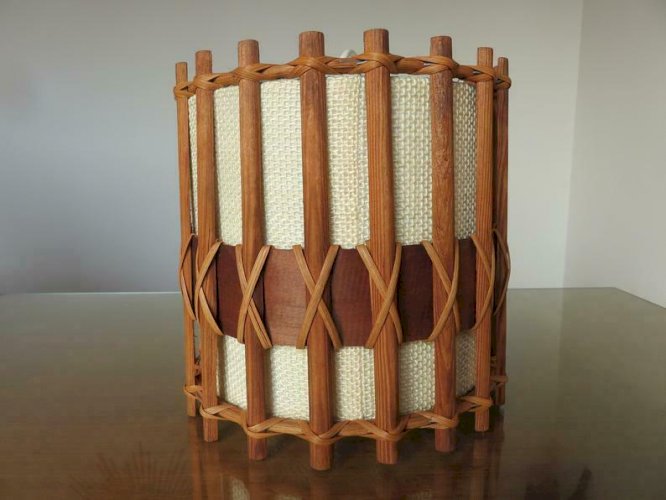 SUSPENSION, LUSTRE, LAMPE SCANDINAVE EN TECK ET TISSU ANNEES 60 70 VINTAGE