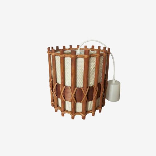 SUSPENSION, LUSTRE, LAMPE SCANDINAVE EN TECK ET TISSU ANNEES 60 70 VINTAGE