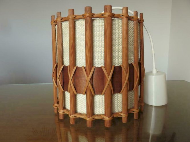 SUSPENSION, LUSTRE, LAMPE SCANDINAVE EN TECK ET TISSU ANNEES 60 70 VINTAGE