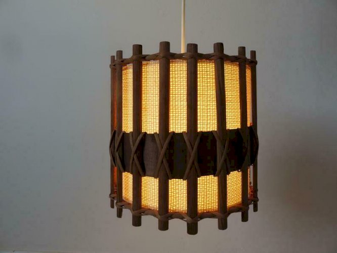 SUSPENSION, LUSTRE, LAMPE SCANDINAVE EN TECK ET TISSU ANNEES 60 70 VINTAGE