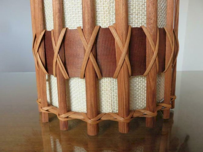 SUSPENSION, LUSTRE, LAMPE SCANDINAVE EN TECK ET TISSU ANNEES 60 70 VINTAGE