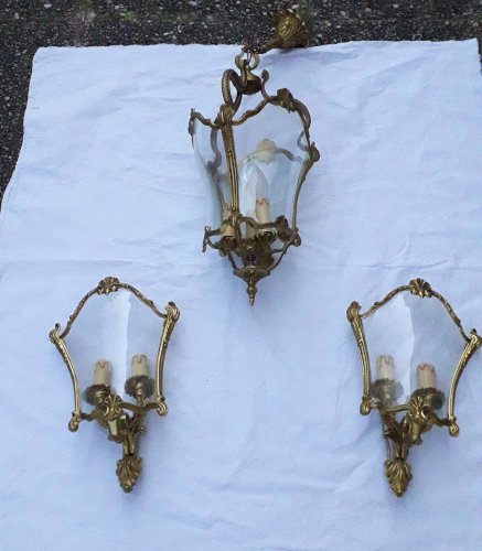 Suspension ou lustre en bronze et verre 