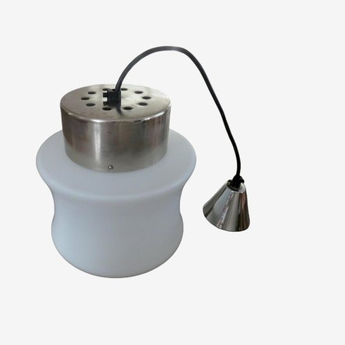 SUSPENSION SCANDINAVE EN OPALINE BLANCHE ET METAL CHROME ANNEES 60 70 VINTAGE