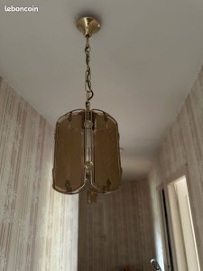 Suspensions vintage en verre fumé et métal doré