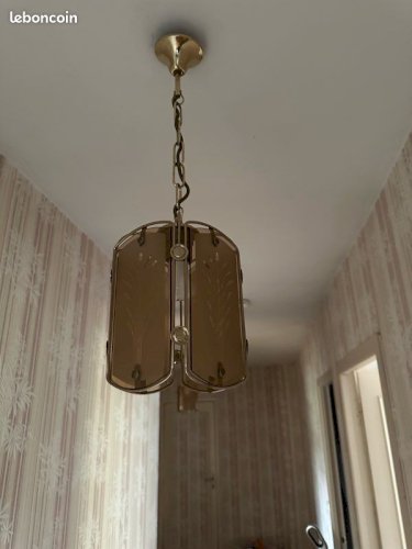 Suspensions vintage en verre fumé et métal doré