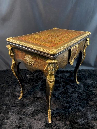 Table à jeu bureau dos de canapé décor marqueté et bronze Boulle Napoléon III