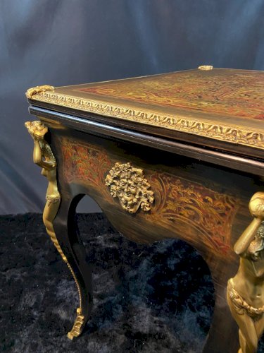 Table à jeu bureau dos de canapé décor marqueté et bronze Boulle Napoléon III