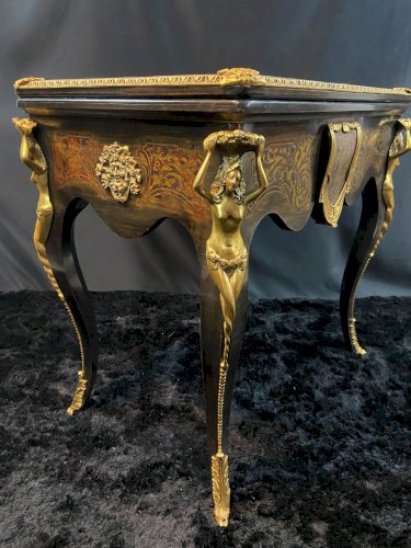 Table à jeu bureau dos de canapé décor marqueté et bronze Boulle Napoléon III
