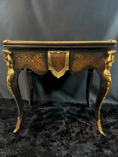Table à jeu bureau dos de canapé décor marqueté et bronze Boulle Napoléon III