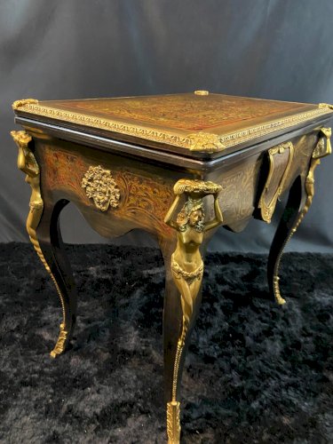 Table à jeu bureau dos de canapé décor marqueté et bronze Boulle Napoléon III
