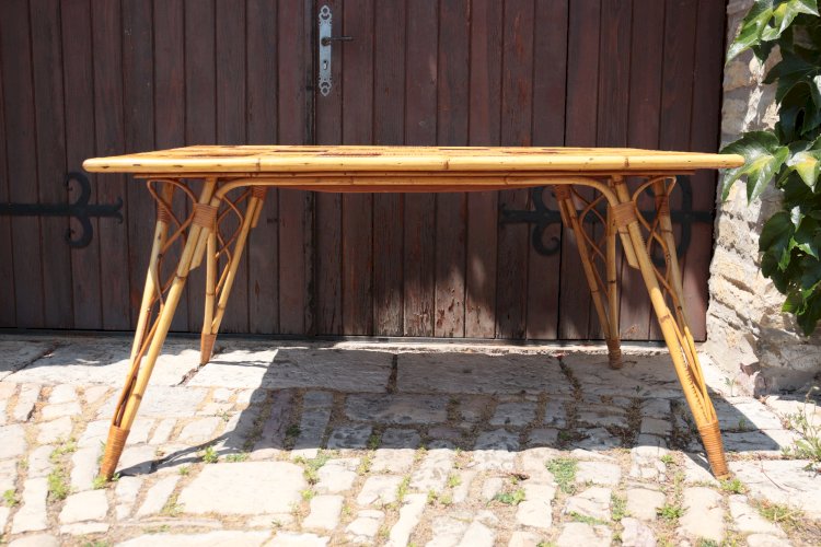 Table à manger rotin & céramique par Audoux Minet 1950