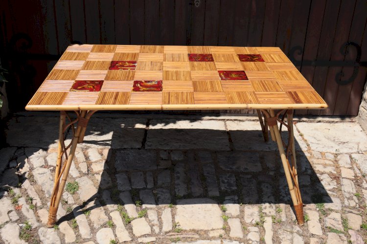 Table à manger rotin & céramique par Audoux Minet 1950