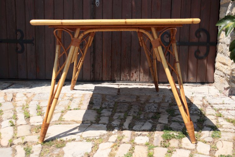 Table à manger rotin & céramique par Audoux Minet 1950