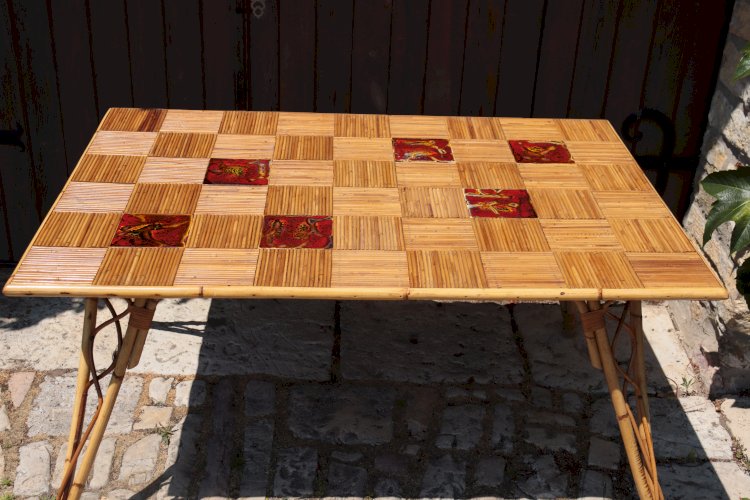 Table à manger rotin & céramique par Audoux Minet 1950
