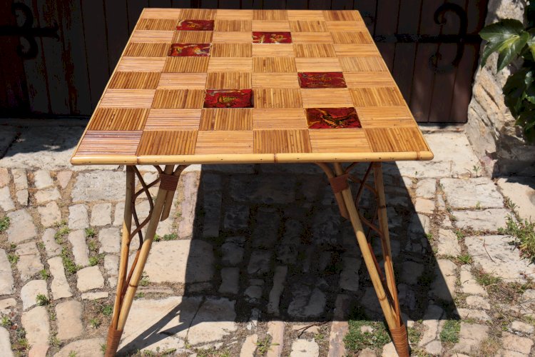Table à manger rotin & céramique par Audoux Minet 1950