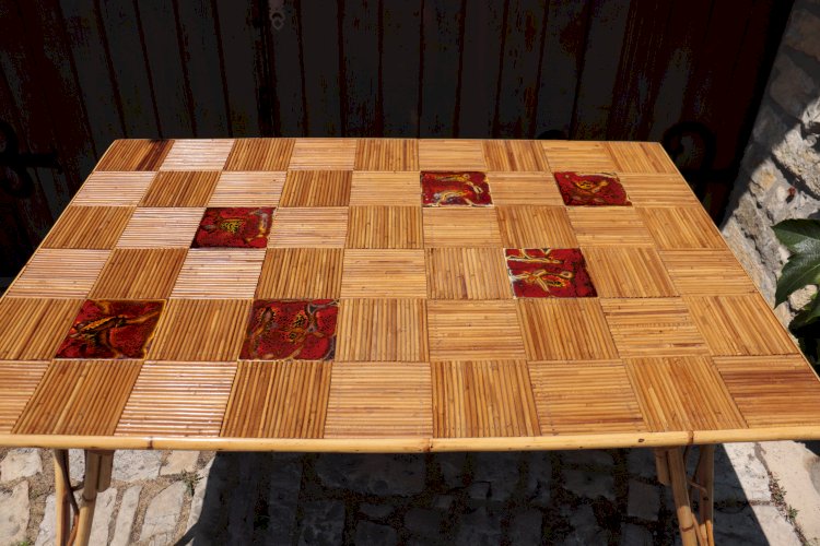 Table à manger rotin & céramique par Audoux Minet 1950