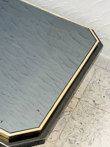 Table basse bicolore en laiton et miroir noir par Fedam