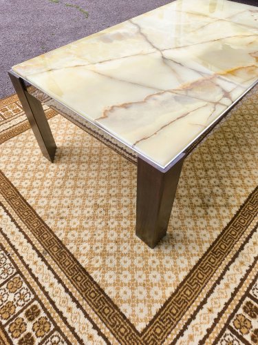 Table basse bois chrome marbre