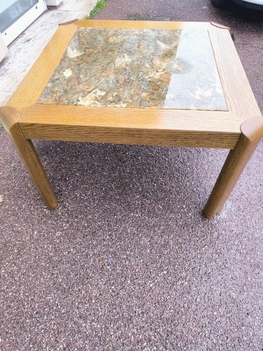 Table basse bois et marbre effet brillant 1970