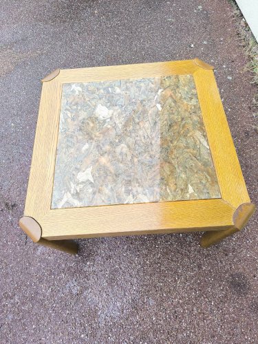 Table basse bois et marbre effet brillant 1970