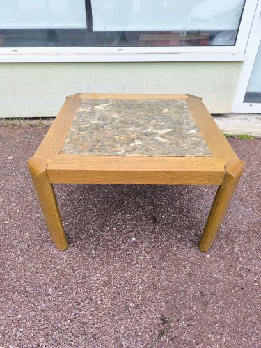 Table basse bois et marbre effet brillant 1970