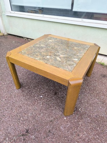 Table basse bois et marbre effet brillant 1970