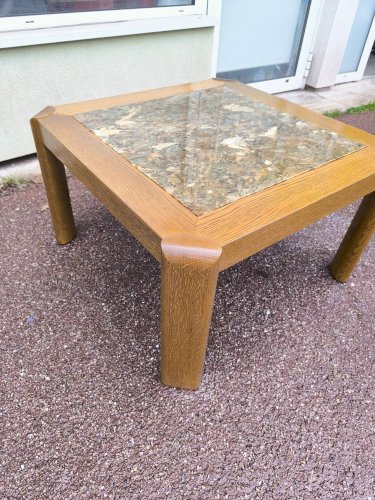Table basse bois et marbre effet brillant 1970