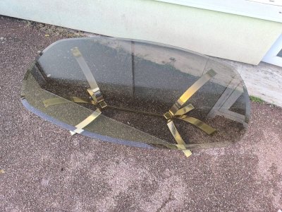 Gold chrome and smoked glass coffee table by Roger Sprunger