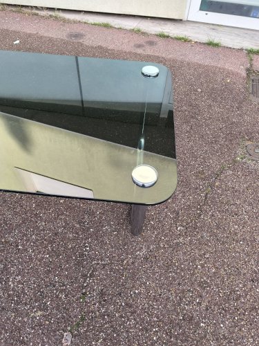 Table basse chromé et verre noir fumé space age italienne