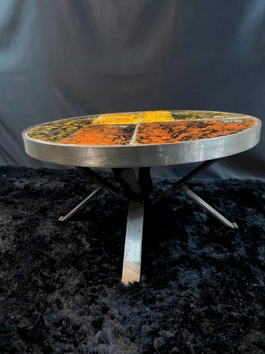 Table basse circulaire Roche Bobois design 1960-1970 plateau céramique sur métal