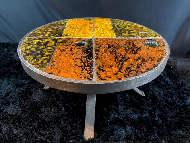 Table basse circulaire Roche Bobois design 1960-1970 plateau céramique sur métal