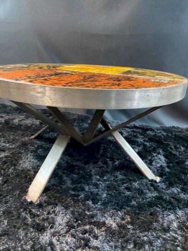 Table basse circulaire Roche Bobois design 1960-1970 plateau céramique sur métal