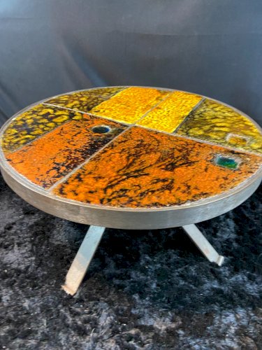 Table basse circulaire Roche Bobois design 1960-1970 plateau céramique sur métal