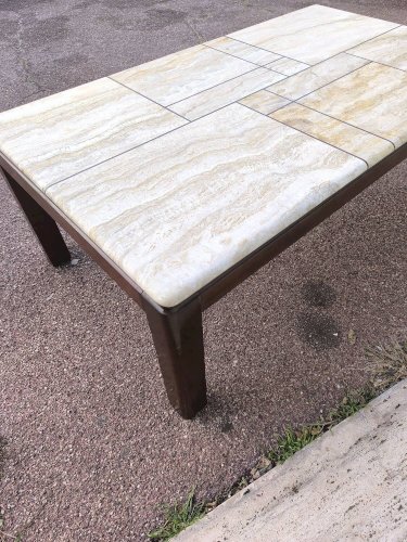 Table basse en bois et travertin 1970 1980