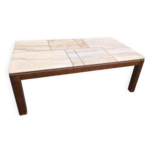 Table basse en bois et travertin 1970 1980