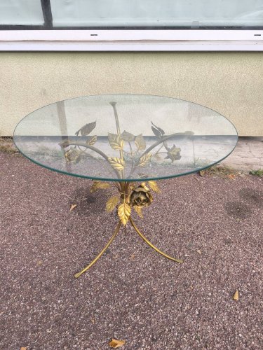 Table basse en verre  à fleurs en métal doré Florentine