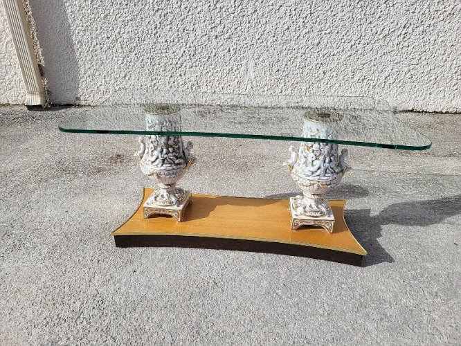 TABLE BASSE ITALIENNE PLATEAU VERRE SOCLE BOIS JAMBAGES EN PORCELAINE REF JE