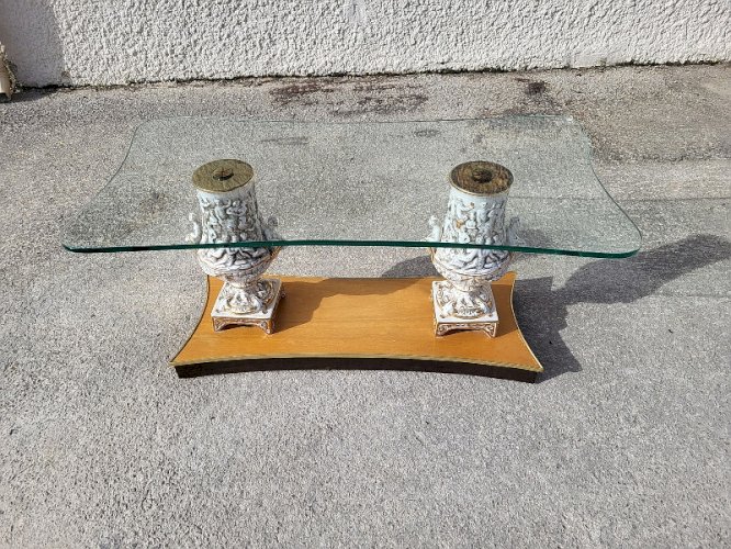 TABLE BASSE ITALIENNE PLATEAU VERRE SOCLE BOIS JAMBAGES EN PORCELAINE REF JE