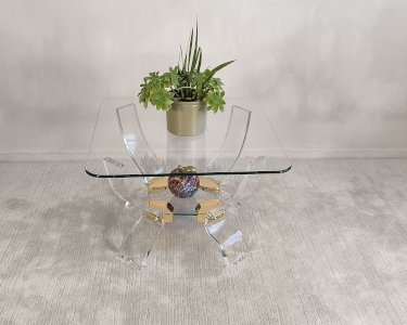 Table basse Lucite & Laiton – Style Hollywood Regency DLG Charles Hollis Jones – Curvasa Muebles Vintage 1980 