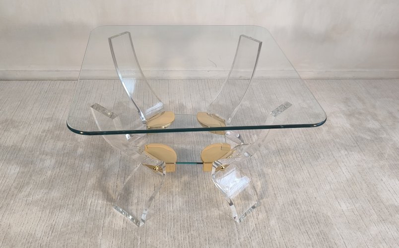 Table basse Lucite & Laiton – Style Hollywood Regency DLG Charles Hollis Jones – Curvasa Muebles Vintage 1980 