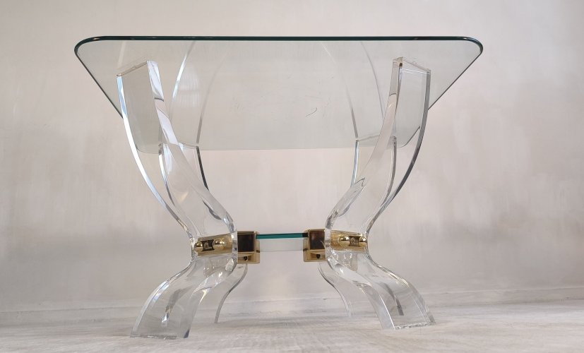 Table basse Lucite & Laiton – Style Hollywood Regency DLG Charles Hollis Jones – Curvasa Muebles Vintage 1980 