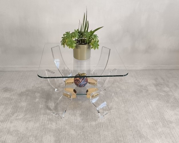 Table basse Lucite & Laiton – Style Hollywood Regency DLG Charles Hollis Jones – Curvasa Muebles Vintage 1980 