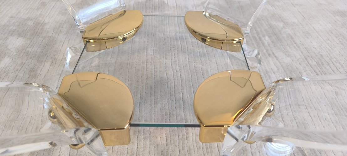 Table basse Lucite & Laiton – Style Hollywood Regency DLG Charles Hollis Jones – Curvasa Muebles Vintage 1980 