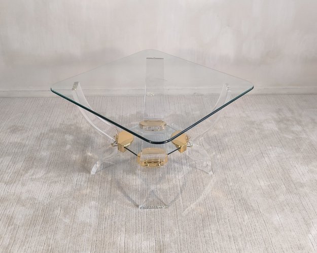 Table basse Lucite & Laiton – Style Hollywood Regency DLG Charles Hollis Jones – Curvasa Muebles Vintage 1980 