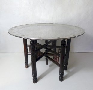 vintage folding oriental coffee table metal silver tray 72 cm wooden base
