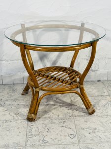 Vintage rattan coffee table with glass top from the 70s