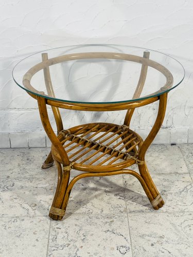 Table basse rotin vintage plateau verre années 70