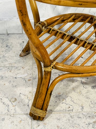 Table basse rotin vintage plateau verre années 70