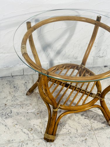 Table basse rotin vintage plateau verre années 70
